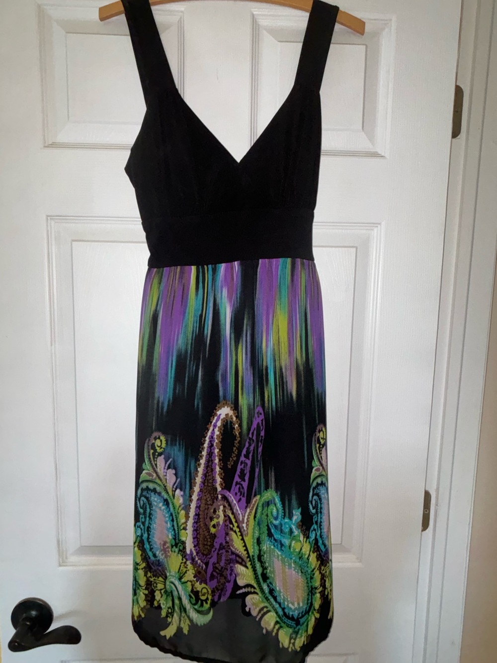 connected apparel Black V-Neck Midi Dress with Multicolor Paisley Skirt